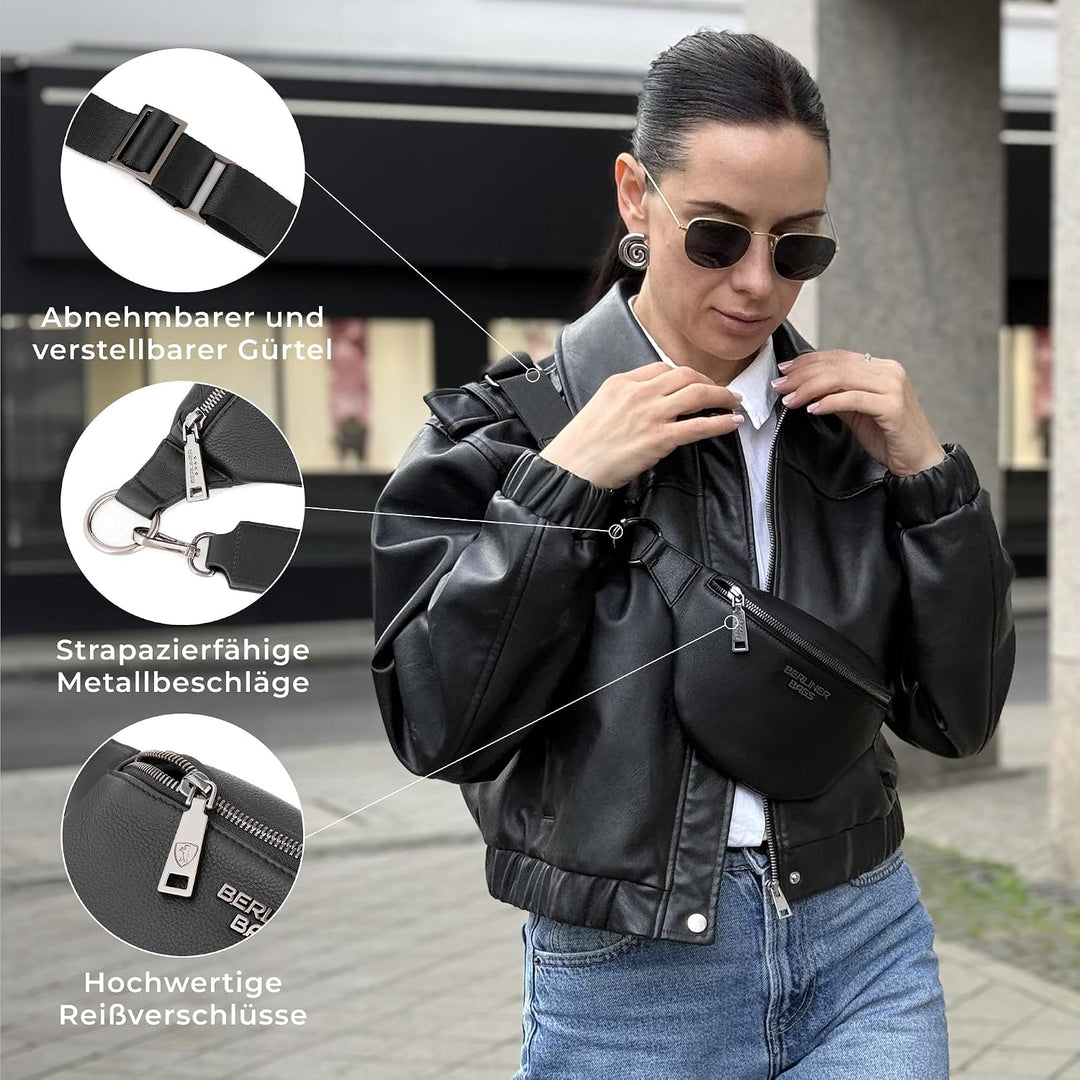 Berliner Bags Premium Bauchtasche Mona Fanny Pack aus Leder Umhängetasche Damen Herren (Schwarz), Sc