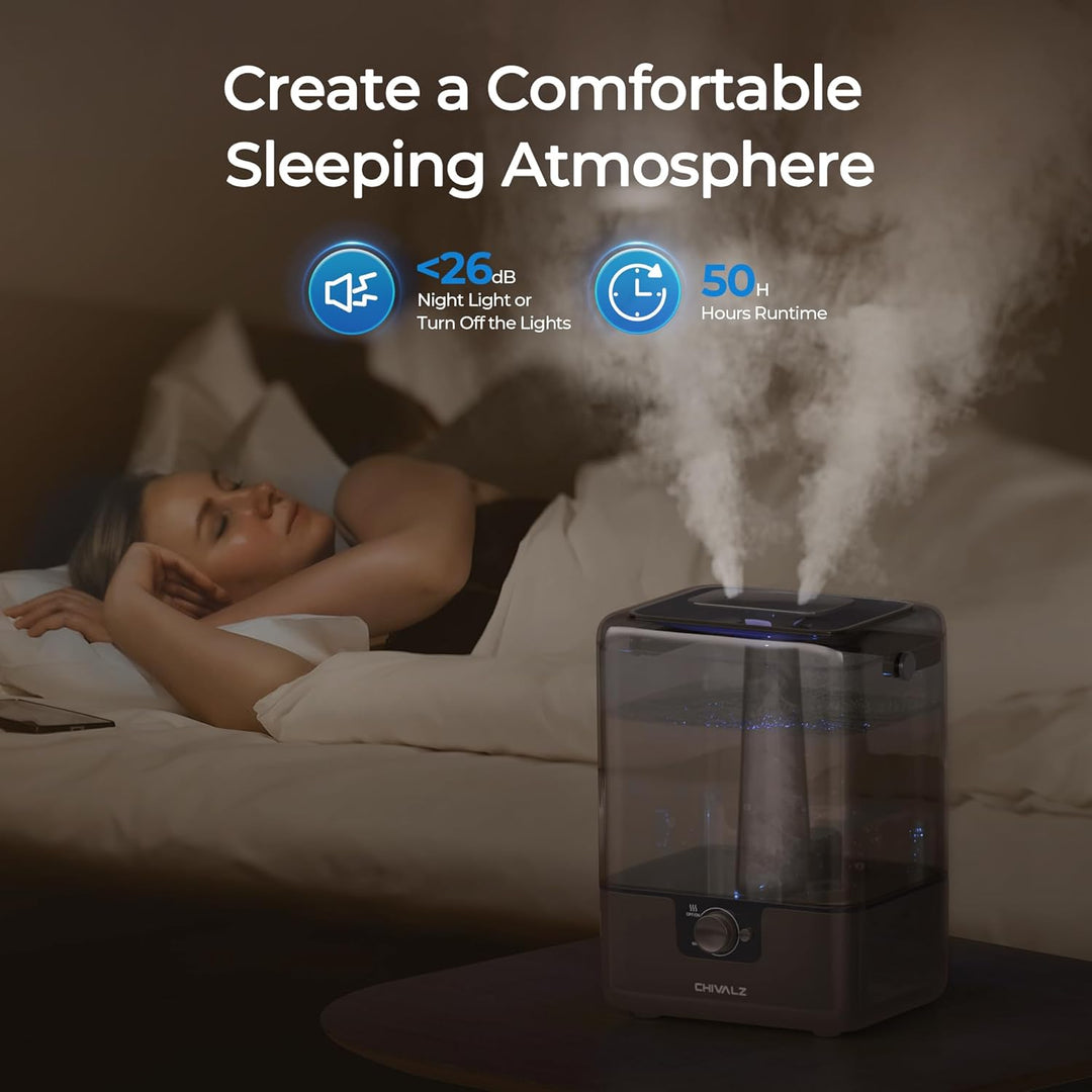 CHIVALZ Top Fill Humidifier for Large Rooms, 6 L, with Night Light, 360° Rotating Nozzle Humidifier,
