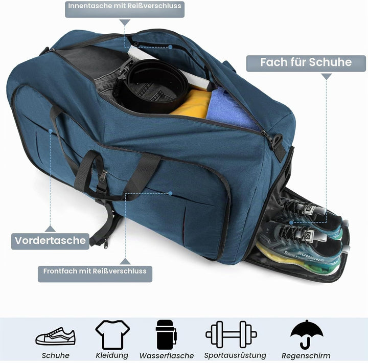 NUBILY Faltbare Reisetasche Gross 100L Sporttasche Herren Damen mit Schuhfach Leichter Reisetaschen