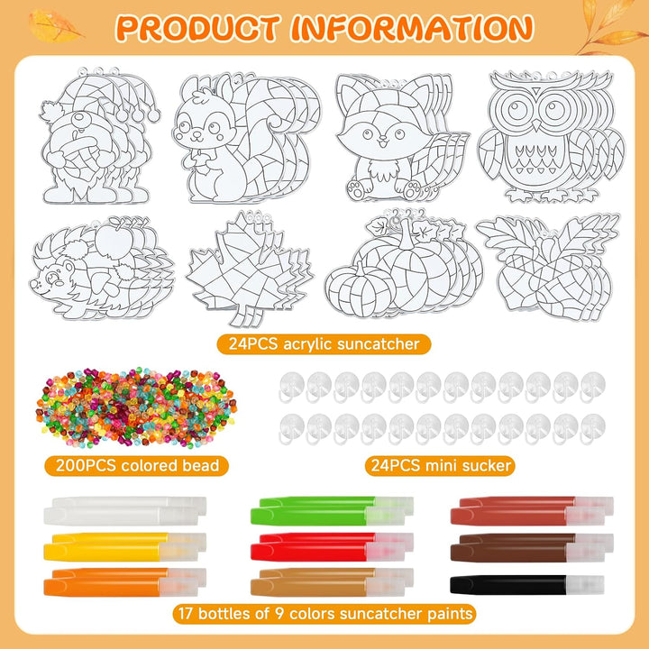 AHIKY Herbst Sonnenfänger Basteln Set, 24 Stück Herbstdeko Basteln für Kinder, Kürbis Igel Eule zum