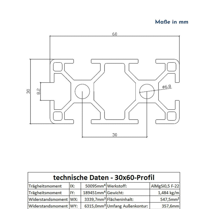 Alu Profil 30x60mm System-, Montage-, Konstruktionsprofil Nut 8 1300mm, 1300