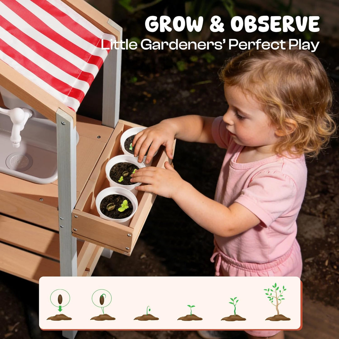 ROBOTIME Mud Kitchen Outdoor Spielset für Kinder, Spielküche mit abnehmbarem Pflanzkasten, Spüle, He