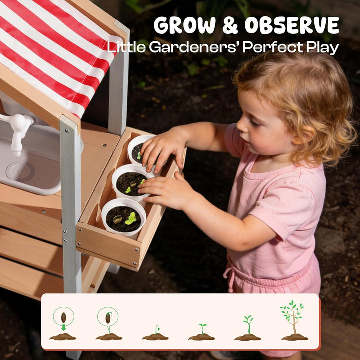 ROBOTIME Mud Kitchen Outdoor Spielset für Kinder, Spielküche mit abnehmbarem Pflanzkasten, Spüle, He