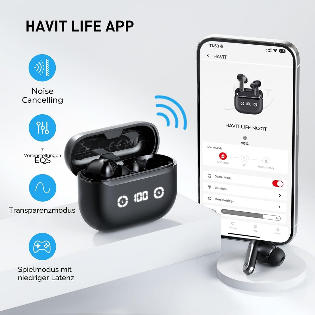 havit Active Noise Cancelling Wireless Earbuds, Bluetooth 13.7 cm Ear Headphones, 3D Bass Stereo Wir