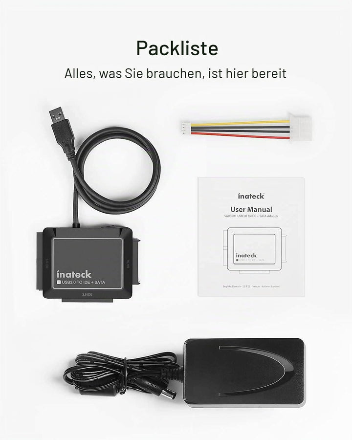 Inateck IDE SATA to USB 3.0 Adapter für 2.5/3.5 Zoll HDD/SSD Festplatten, mit 12V/2A Stromversorgung