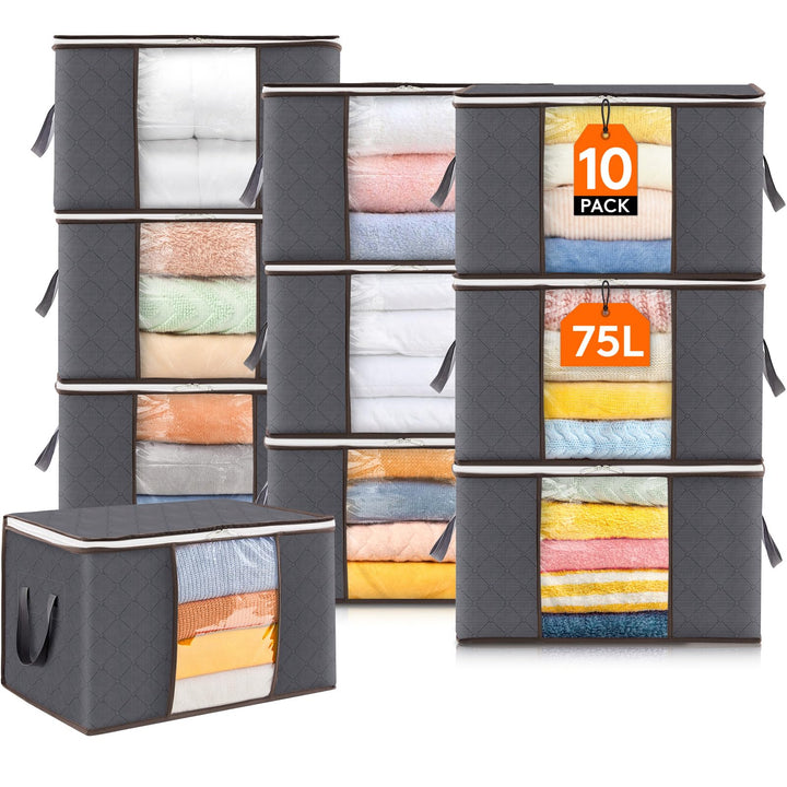 Lifewit 10 Stück Gross Aufbewahrungsbox mit Deckel, 75L Aufbewahrungstasche für Bettdecken Kleidung