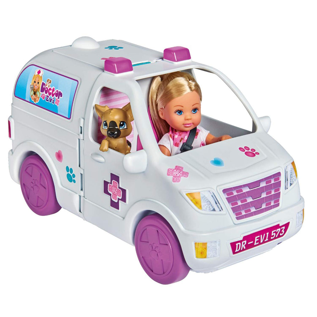 Simba – Evi Love Tierarztauto 2-in-1 – Mini-Puppe 12 cm – Ecke zur Fellpflege + 1 Katze und 1 Hund z