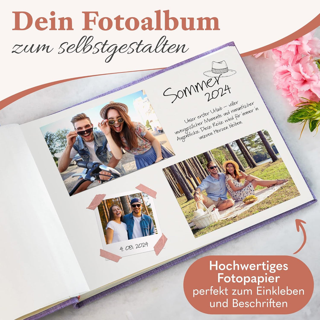 Fotoalbum zum Einkleben - Platz für 150 Fotos - echtes Leinen - Fotobuch 21 x 28 cm in Lila - 50 wei