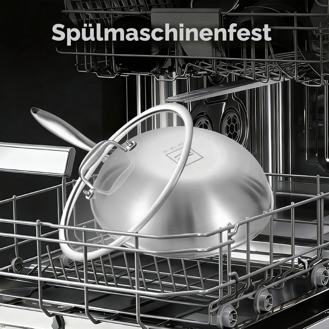 Inqibee Wokpfanne Edelstahl 28 cm mit Deckel, Unbeschichtete Wok Pfanne für Induktion &amp; Gasherd, Ede