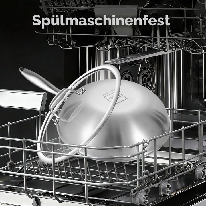 Inqibee Wokpfanne Edelstahl 28 cm mit Deckel, Unbeschichtete Wok Pfanne für Induktion &amp; Gasherd, Ede