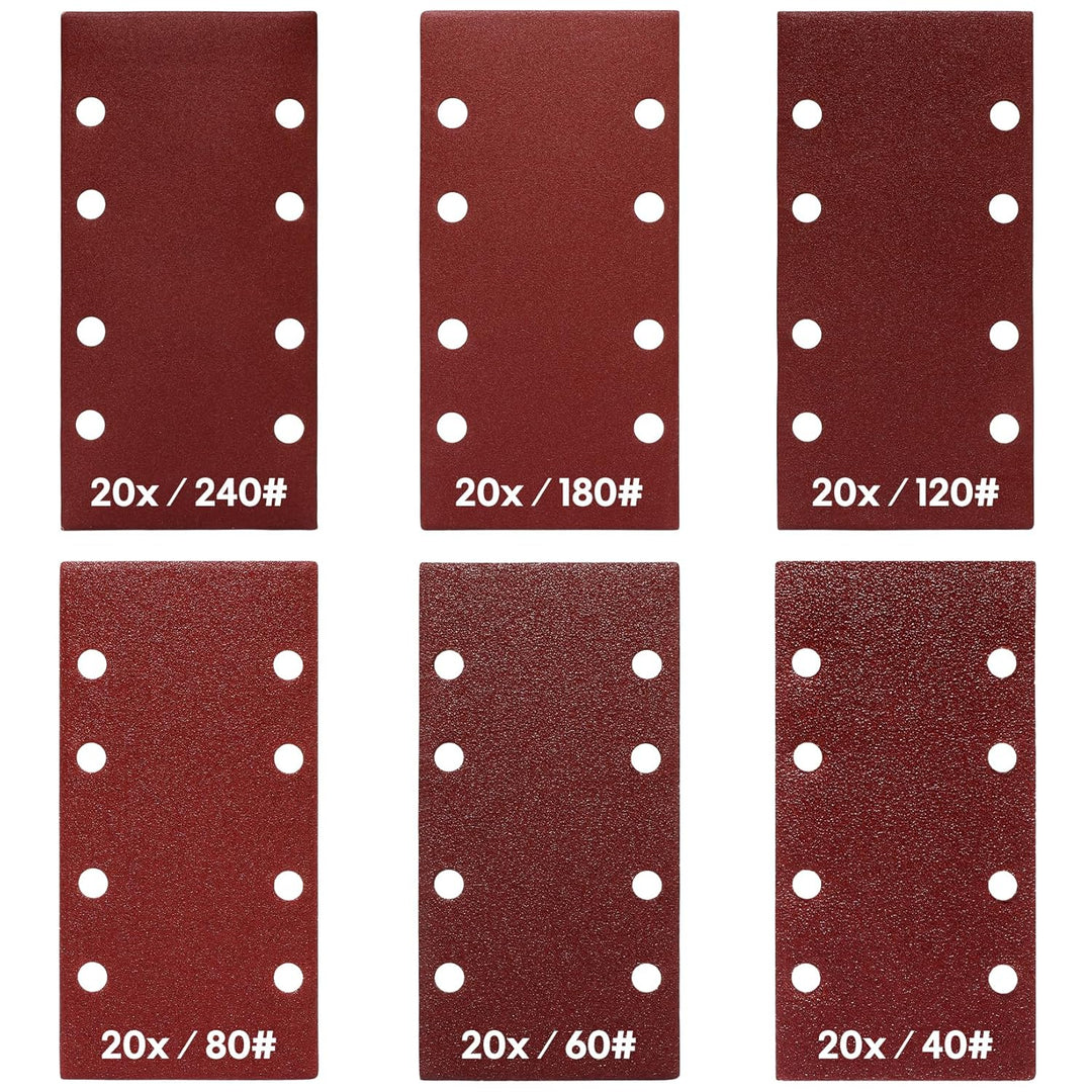 SHALL-120 Schleifblätter, rechteckig, 93 x 185 mm, Schleifpapier, 8 Löcher, Klett-Schleifpads, versc