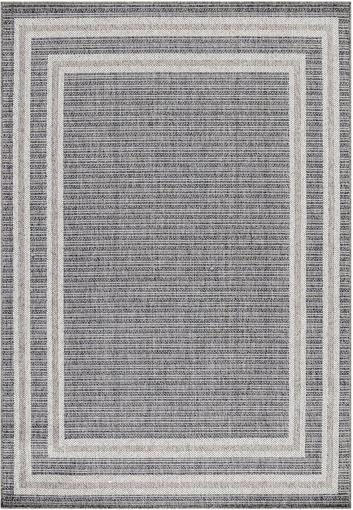 In- & Outdoor Läufer Teppich Robuster, Modern Bordüre Design, Rechteckig, Grau und Creme Farbe, Wett