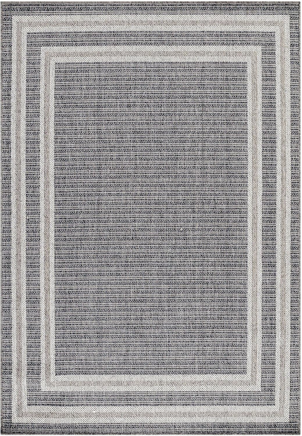 In- &amp; Outdoor Teppich Robuster, Modern Bordüre Design, Rechteckig, Grau und Creme Farbe, Flachgewebe