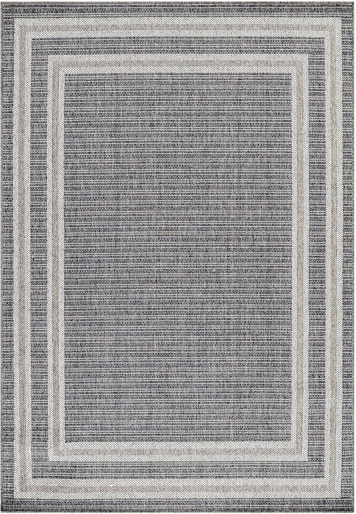 In- &amp; Outdoor Teppich Robuster, Modern Bordüre Design, Rechteckig, Grau und Creme Farbe, Flachgewebe
