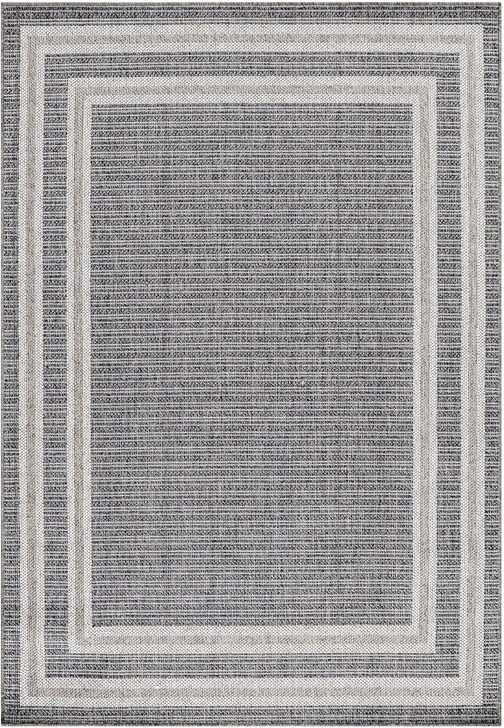 In- & Outdoor Teppich Robuster, Modern Bordüre Design, Rechteckig, Grau und Creme Farbe, Flachgewebe
