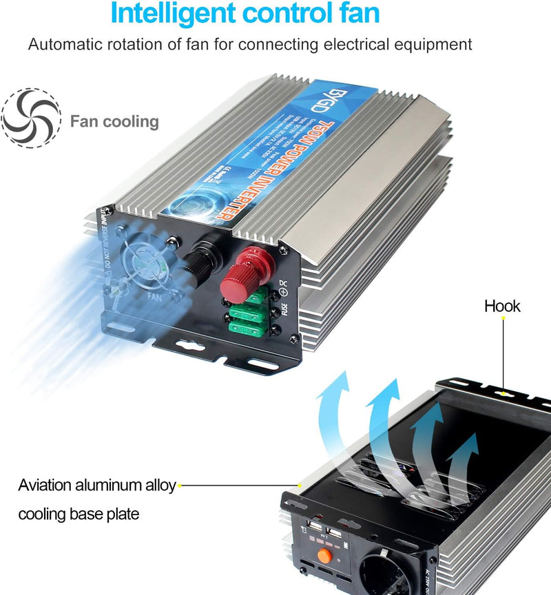 BYGD Spannungswandler 12V auf 230V 750W/1500W,Wechselrichter DC 12V auf AC 230V Inverter und 2 USB A