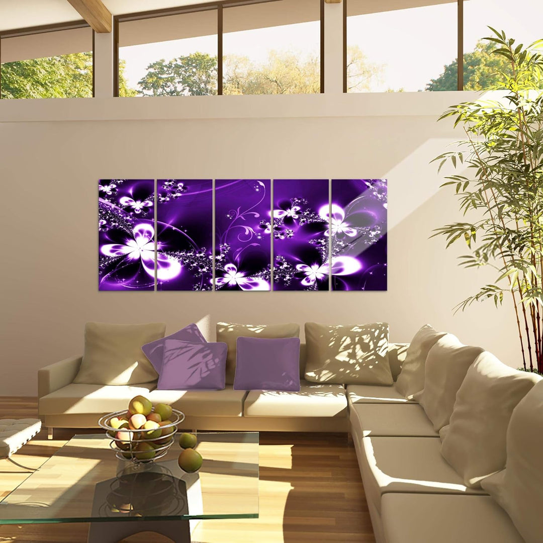 Runa Art Wandbild XXL Abstrakt Blumen Wohnzimmer Schlafzimmer 200 x 80 cm Lila 5 Teilig - Made in Ge