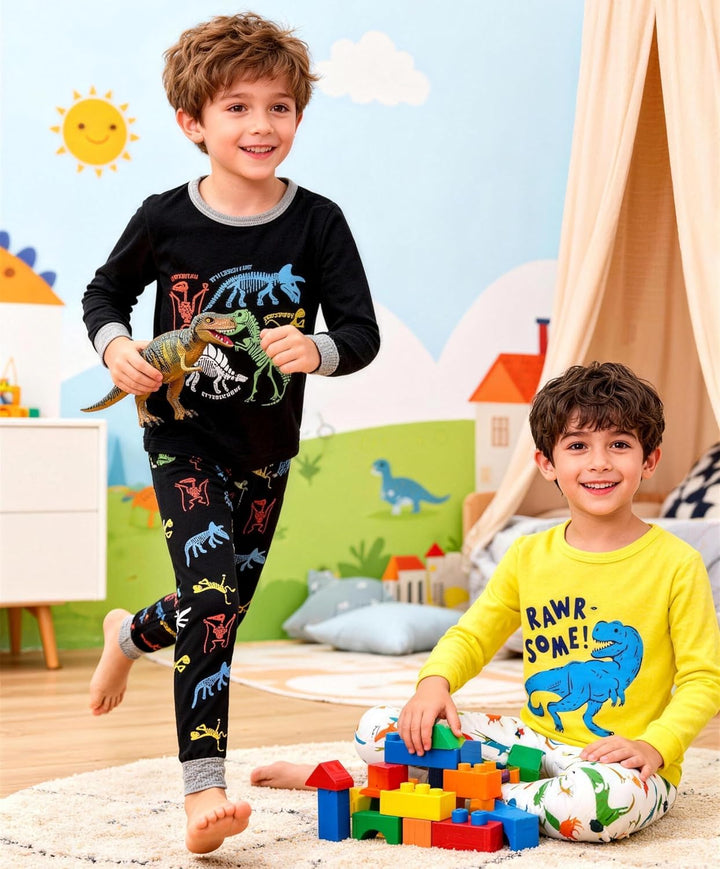 Jungen Pyjama Langarm 4-teilig Kleine Kinder Nachtwäsche Schlafanzug Set 2-14 Jahre 4p-dino Schwarzg