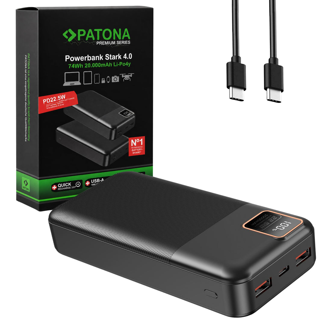 PATONA Premium Powerbank 20.000mAh PD 22.5W | 74Wh Power Bank mit Li-Polymer Batterie | Schnellladun