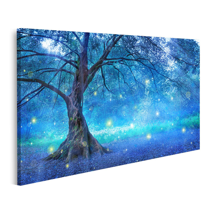 islandburner Bild auf Leinwand Baum Im Mystischem Wald Blau Bilder Wandbilder Poster Leinwand 100x57