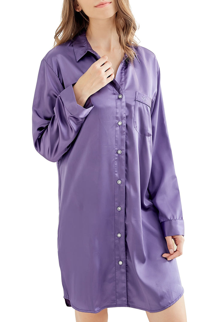 Nachthemd Damen, Satin Nachtkleid Langarm Nachtwäsche mit Knopfleiste Schlafhemd Freizeitkleidung Vi