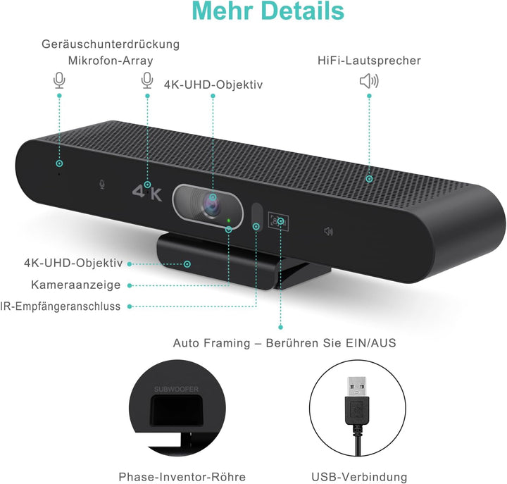 4K Videokonferenz-Webcam mit Mikrofon und Lautsprecher, AI-Powered Kamera für Videokonferenz mit Fer