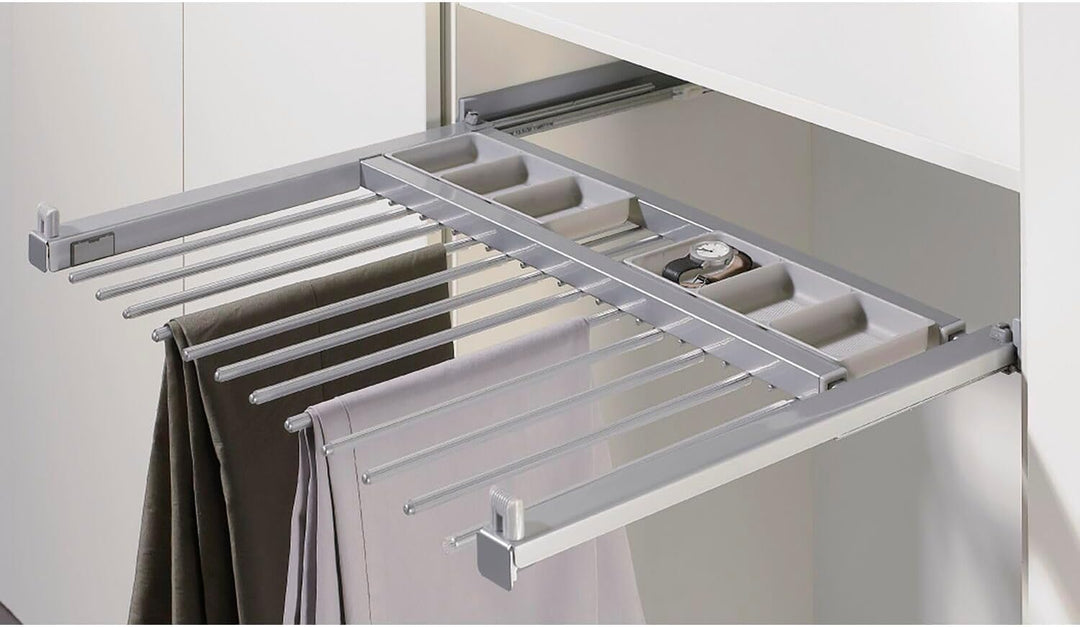 HETTICH 9132916 Silber Amari 200 Hosenhalter (Hosenträger), ausziehbare Halterung für 8 Hosen, Korpu