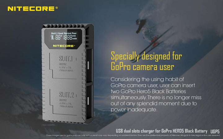 Nitecore UGP5 Dubbele Lader voor GoPro Hero5/Hero6/Hero7 Accu + Indicator + USB