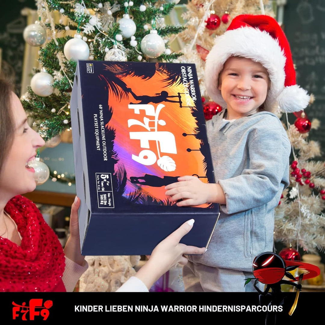 18 Meter Langer Ninja-Warrior-Hindernisparcours für Kinder – Slackine-Spielset mit Kletterstangen, T