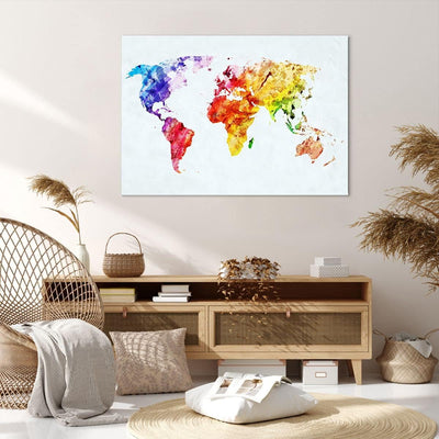 Bilder auf Leinwand 100x70cm Leinwandbild Welt Karte Bunt Kontinente Gross Wanddeko Bild Schlafzimme