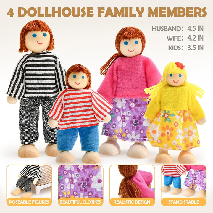 Atoylink Puppenhaus Möbel Set aus Buchenholz &amp; Kunststoff, Zubehör Spielzeug mit Puppenhaus Puppen,