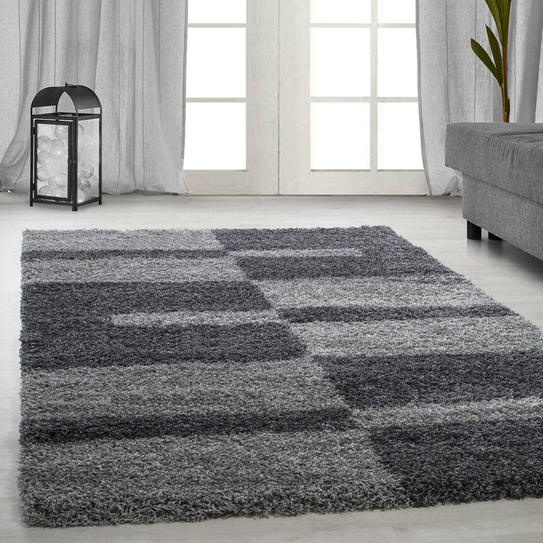 Carpetsale24 Teppich Wohnzimmer Moderne Kariert Design Shaggy Flokati 80 x 150 cm Grau - Hochflor Te