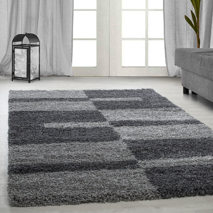 Carpetsale24 Teppich Wohnzimmer Moderne Kariert Design Shaggy Flokati 80 x 150 cm Grau - Hochflor Te