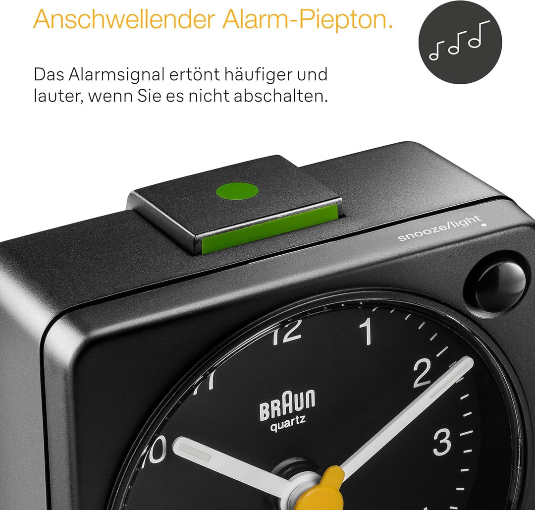 Braun Klassischer analoger Reisewecker mit Schlummerfunktion und Licht, kompakte Grösse, ruhiges Qua