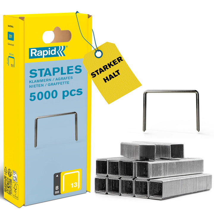 Rapid Tackerklammern Typ 13, 8mm Klammern, 5.000 Stk. Kunststoffbox, Feindrahtklammern für Holz und