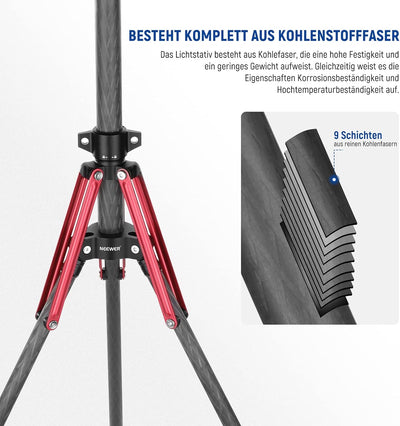 NEEWER Light Stand Carbon Fiber mit 180° umkehrbaren Beinen, 1/4" auf 3/8" Schraubenadapter und Tasc