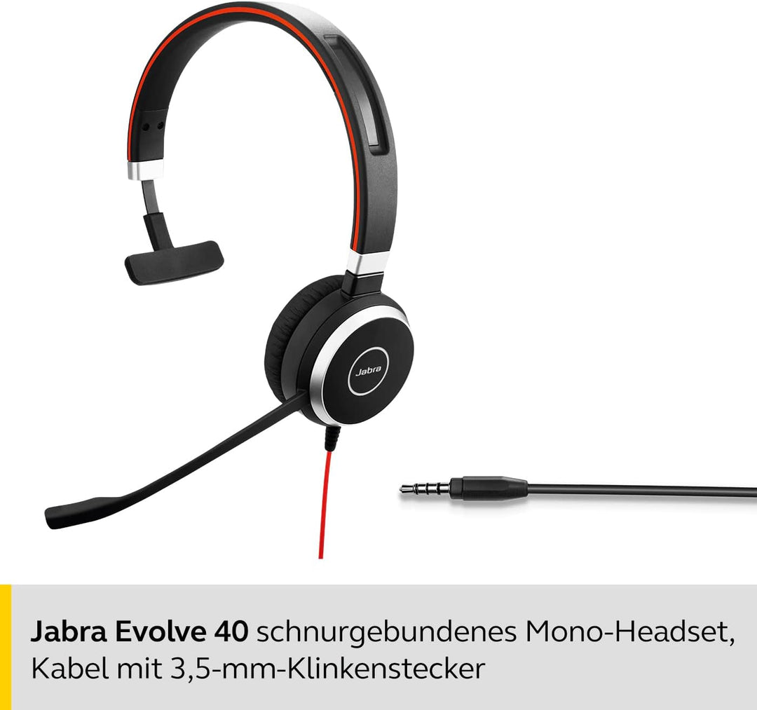 Jabra Evolve 40 UC Mono Headset – Unified Communications Headphones for VoIP Softphone with Passive