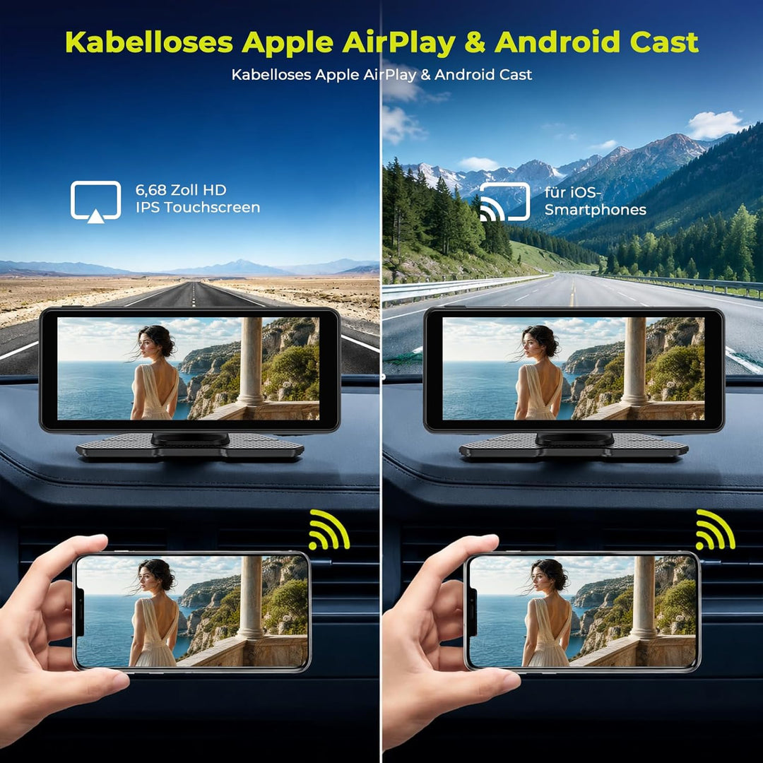 LAMTTO Wireless CarPlay Android Auto Display mit Dashcam 2,5K+1080P, Tragbares 6,86 Zoll HD Touchscr