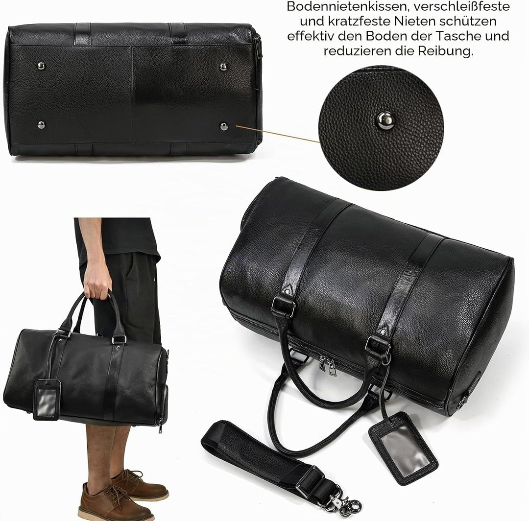 Luufan Unisex Leder Reisetasche Vintage Reisetasche Schwarz, Schwarz