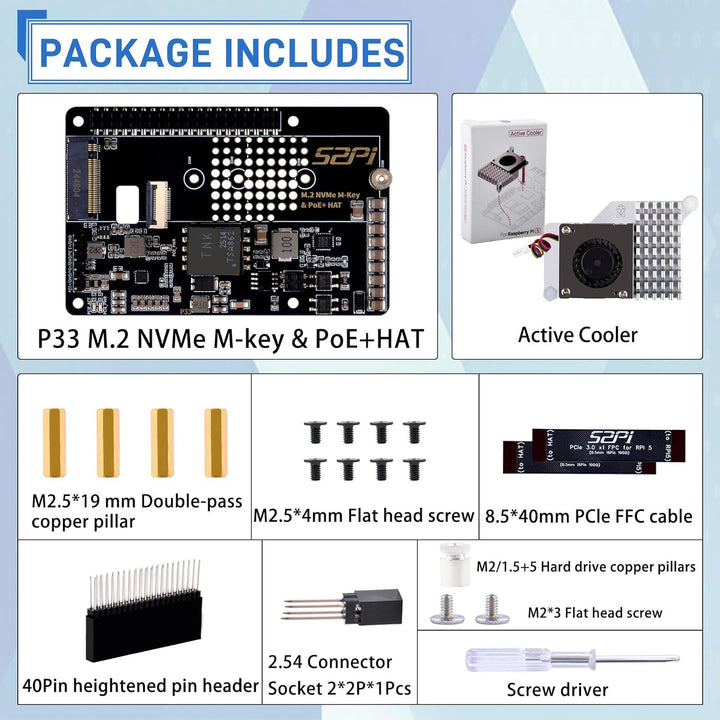 GeeekPi P33 M.2 NVME M-Key PoE+ Hat für Raspberry Pi 5, mit offiziellem Raspberry Pi 5 Active Cooler