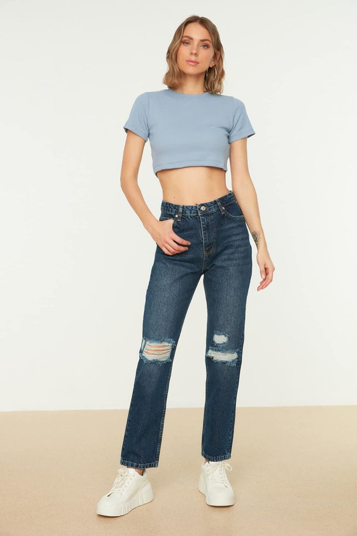 TRENDYOL Damen Zerrissene Detaillierte Hohe Taille-Bootcut Jeans, 34