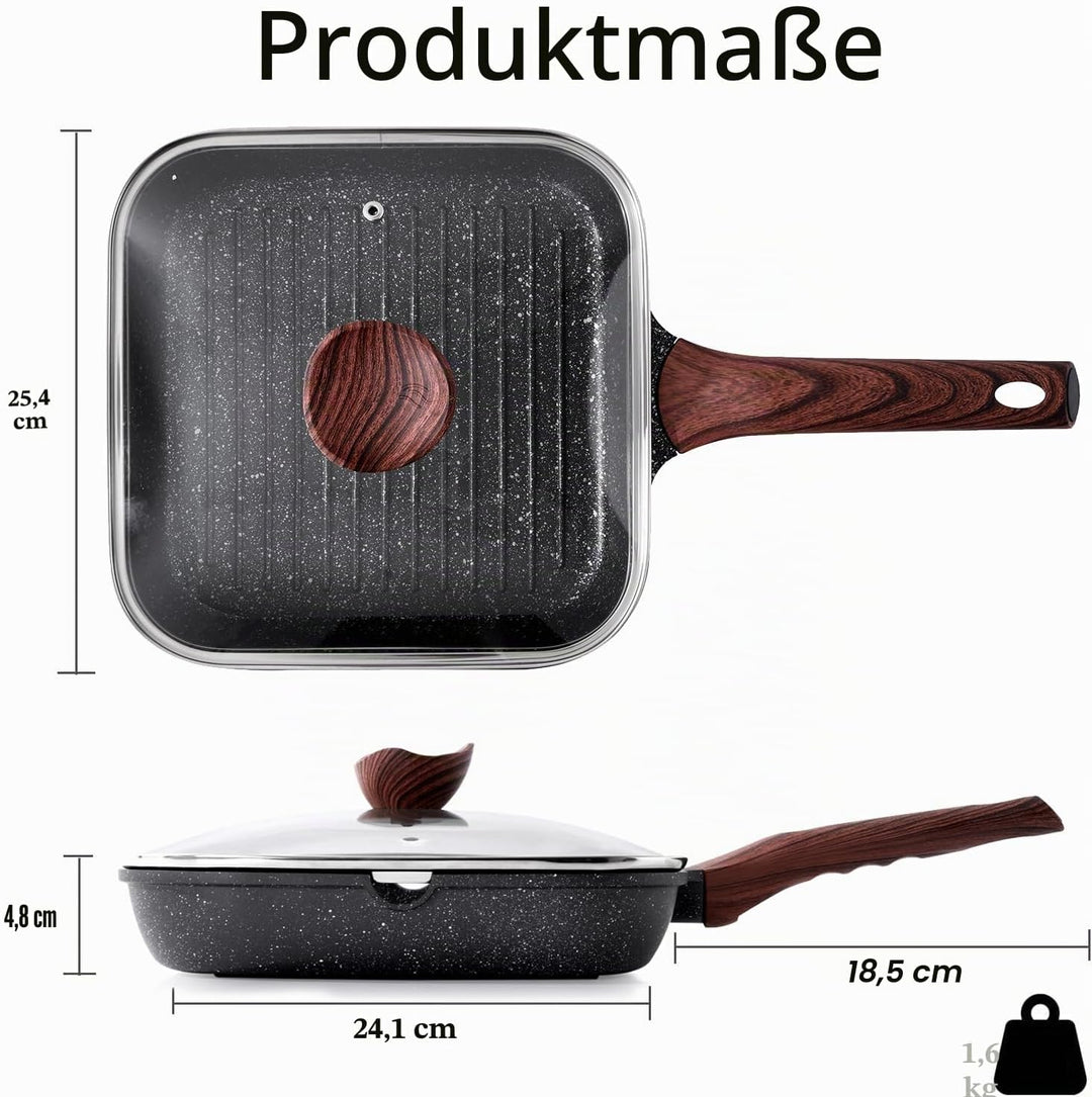 Kordisen Grillpfanne Induktion 24 cm mit Deckel – Grillpfanne mit Ausguss &amp; Steakpfanne quadratisch,