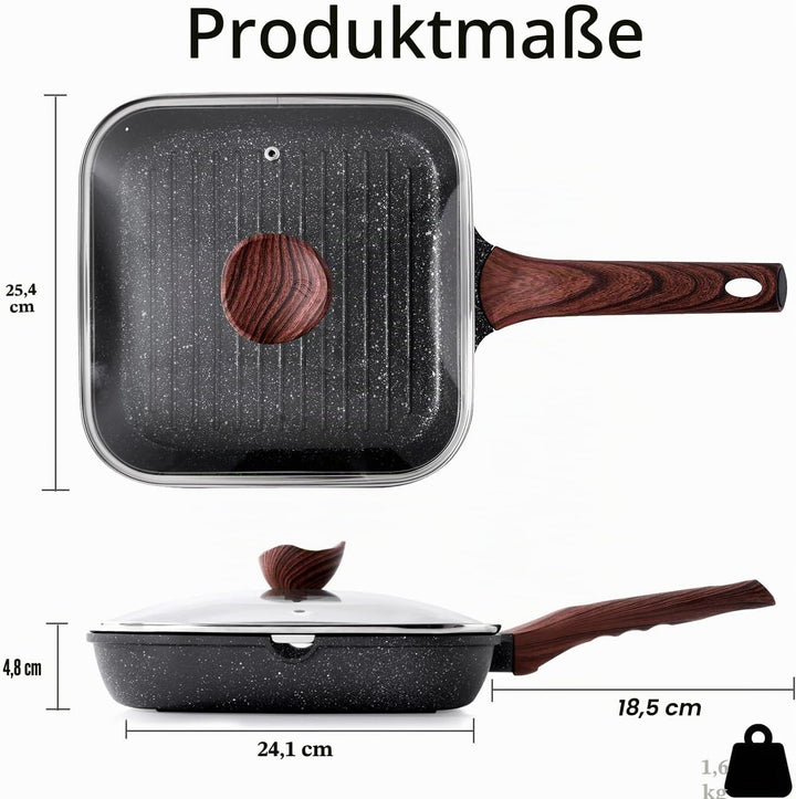 Kordisen Grillpfanne Induktion 24 cm mit Deckel – Grillpfanne mit Ausguss &amp; Steakpfanne quadratisch,