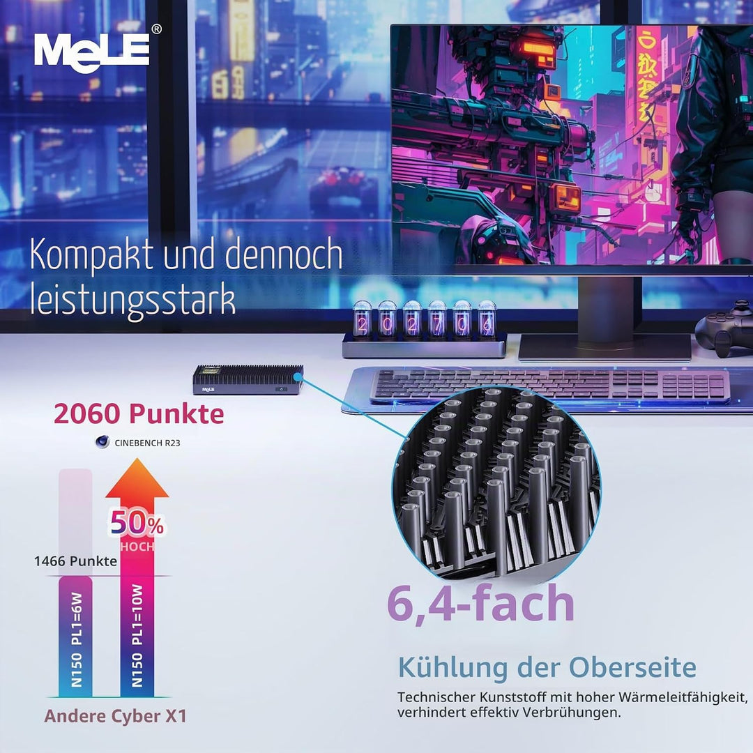 MeLE Cyber X1 Mini PC N150 (bis zu 3,6GHz, 4C/4T) 32GB LPDDR5 512GB Speicher Win 11 Pro Lüfterloser