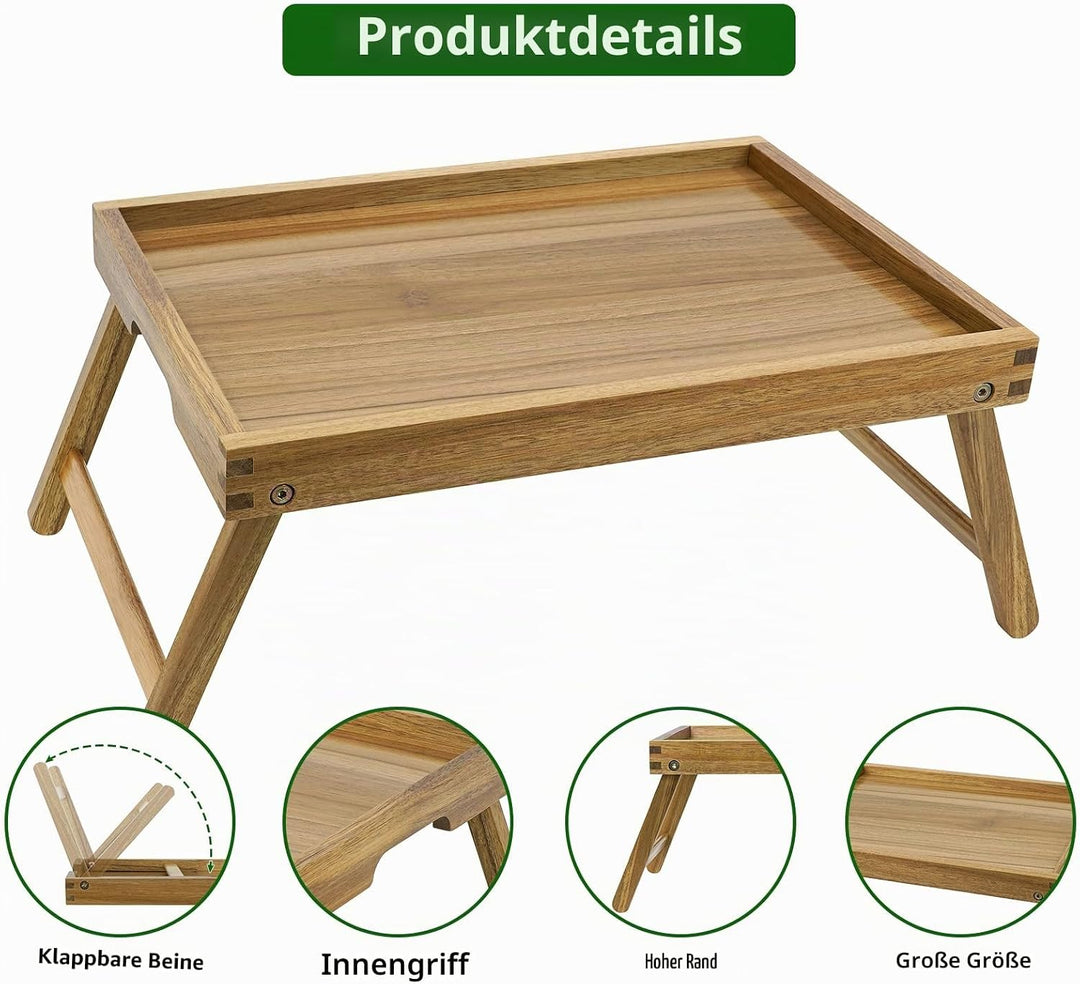 VaeFae Akazien-Betttisch-Tablett, Frühstückstablett aus Holz mit klappbaren Beinen, Betttablett für