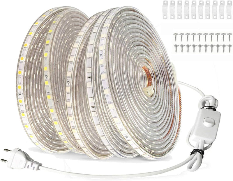 FOLGEMIR 10m LED Band mit Schalter - Kalt Weiss, 220V 230V Beleuchtung, 60 Leds/m, IP65 wasserdicht