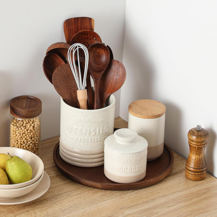 vancasso Sabine Utensilienhalter für Küchentheke, 15,7 cm, kleiner Keramik-Utensilienbehälter, creme