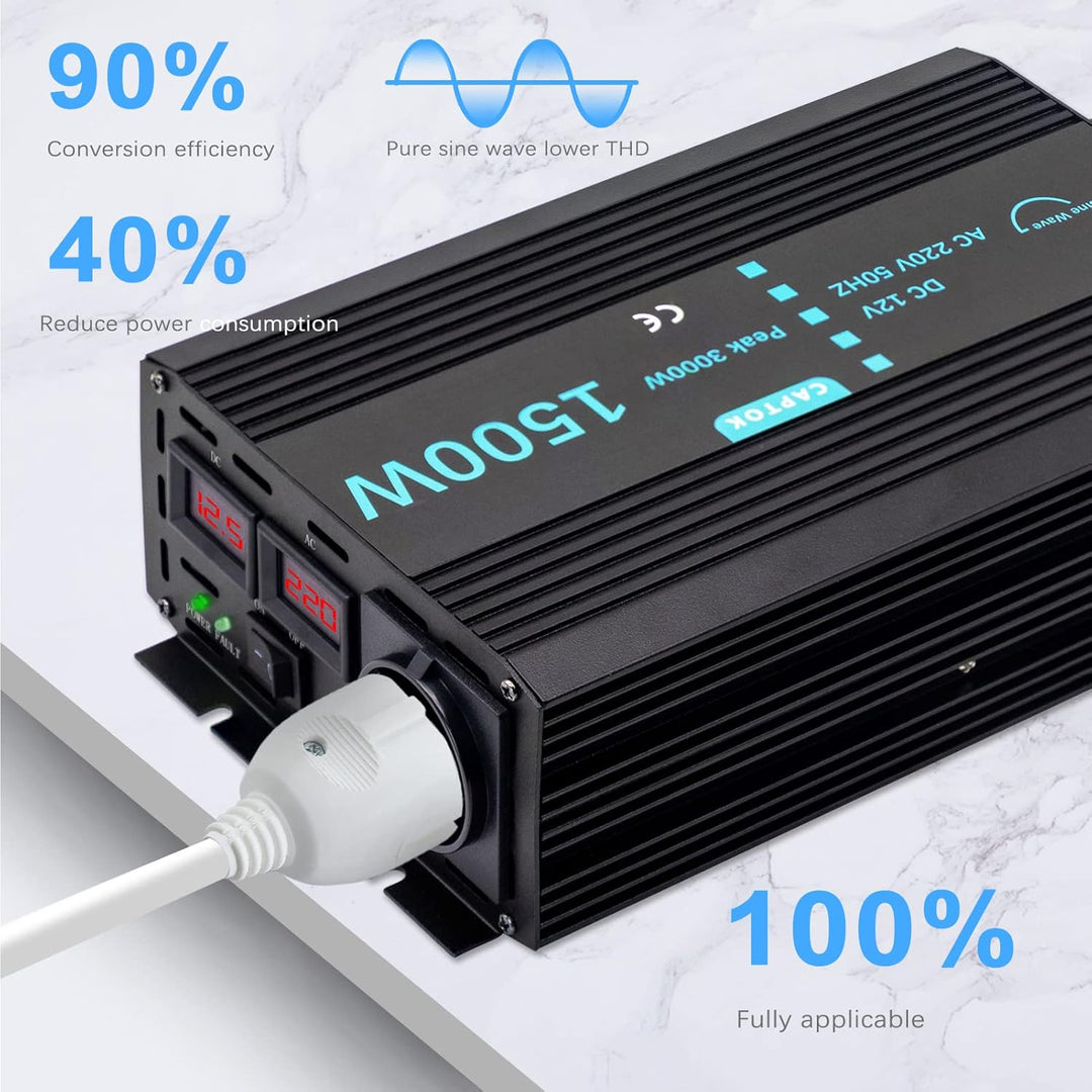 Spannungswandler 1500W/3000W Reiner Sinus-Wechselrichter DC 12V auf AC 230V EU-Steckdose Doppel-LCD-