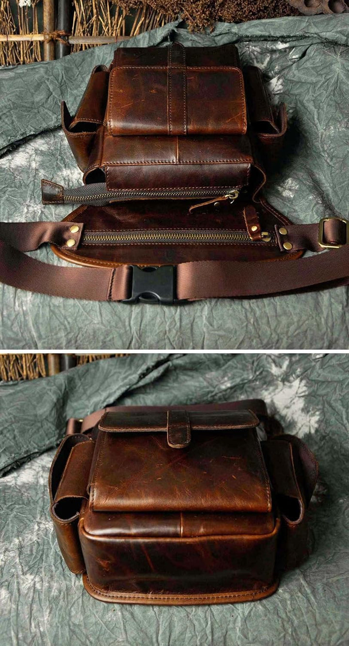 Le'aokuu Herren Echtes Leder Hüfttasche Gürteltasche Bauchtasche Reissverschluss Motorrad Messenger