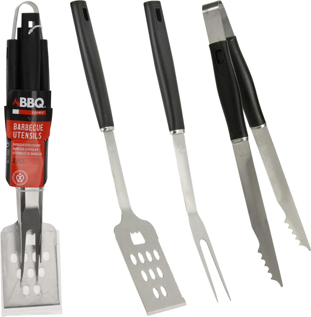 Grillbesteck Set 3-teilig aus Edelstahl - Pfannenwender, Zange und Gabel - BBQ Zubehör (PP Griff sch